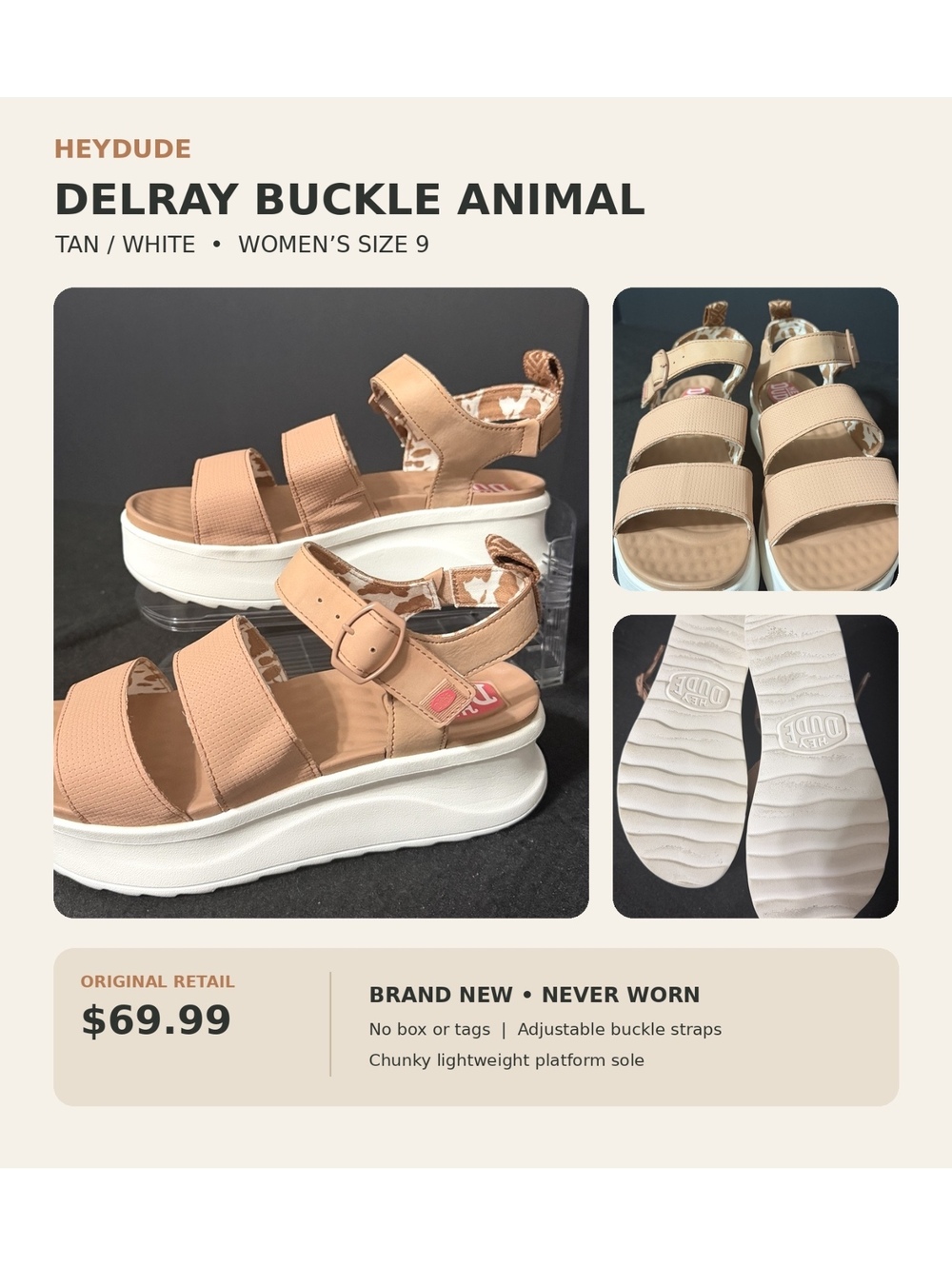 HEYDUDE Delray Buckle Animal Platform Sandals Tan/White Women's 9